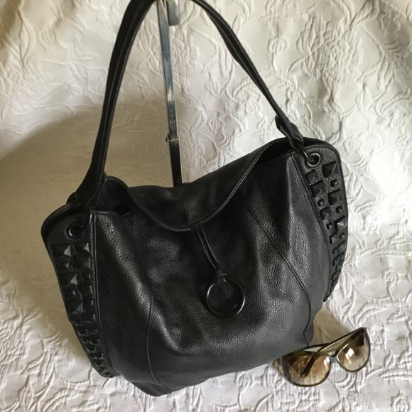 Large Black Shoulder Purse / Tote Bag Decorated with Black Studs - Picture 2 of 8